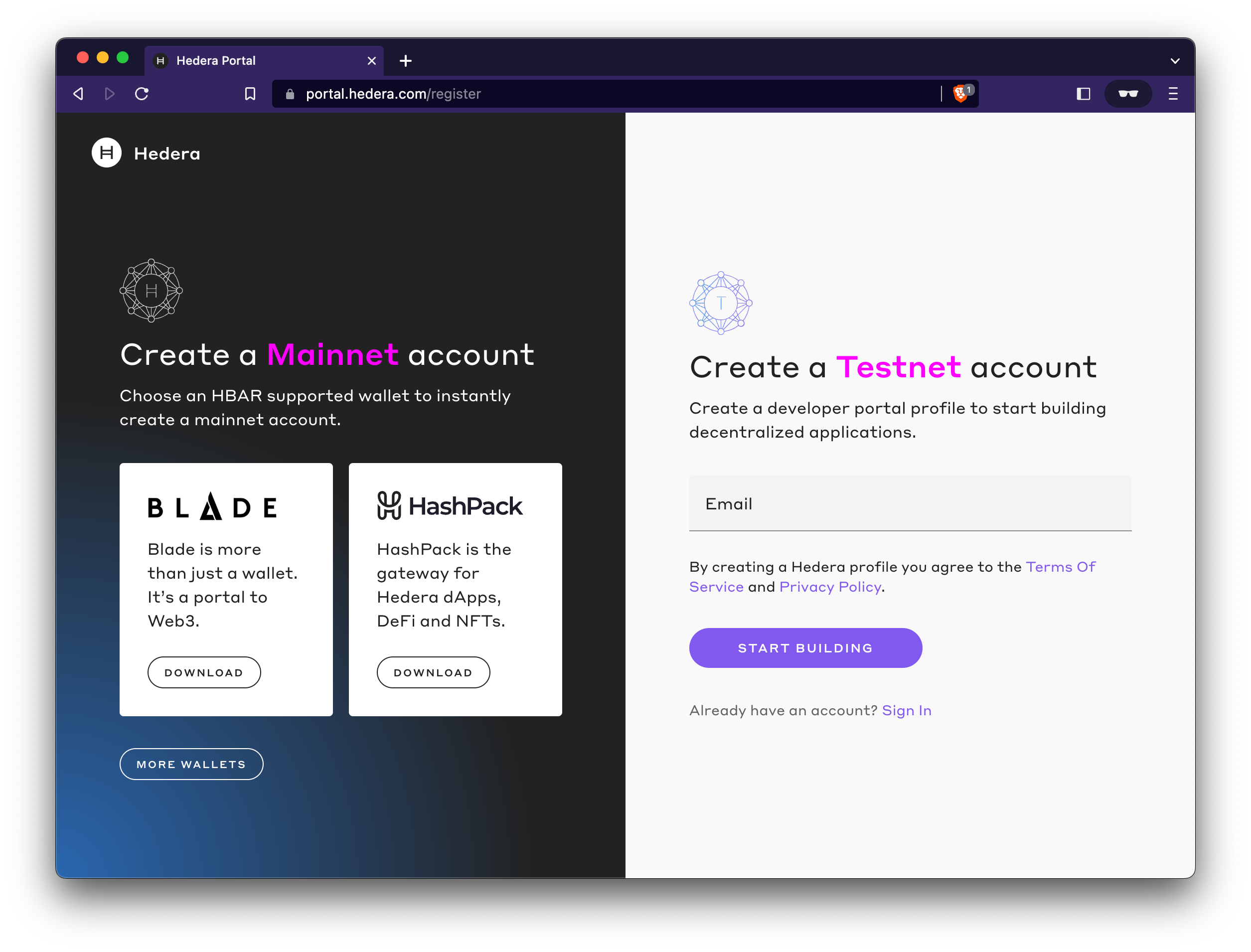 Screenshot of the Hedera Developer portal (portal.hedera.com/register) account creation page.